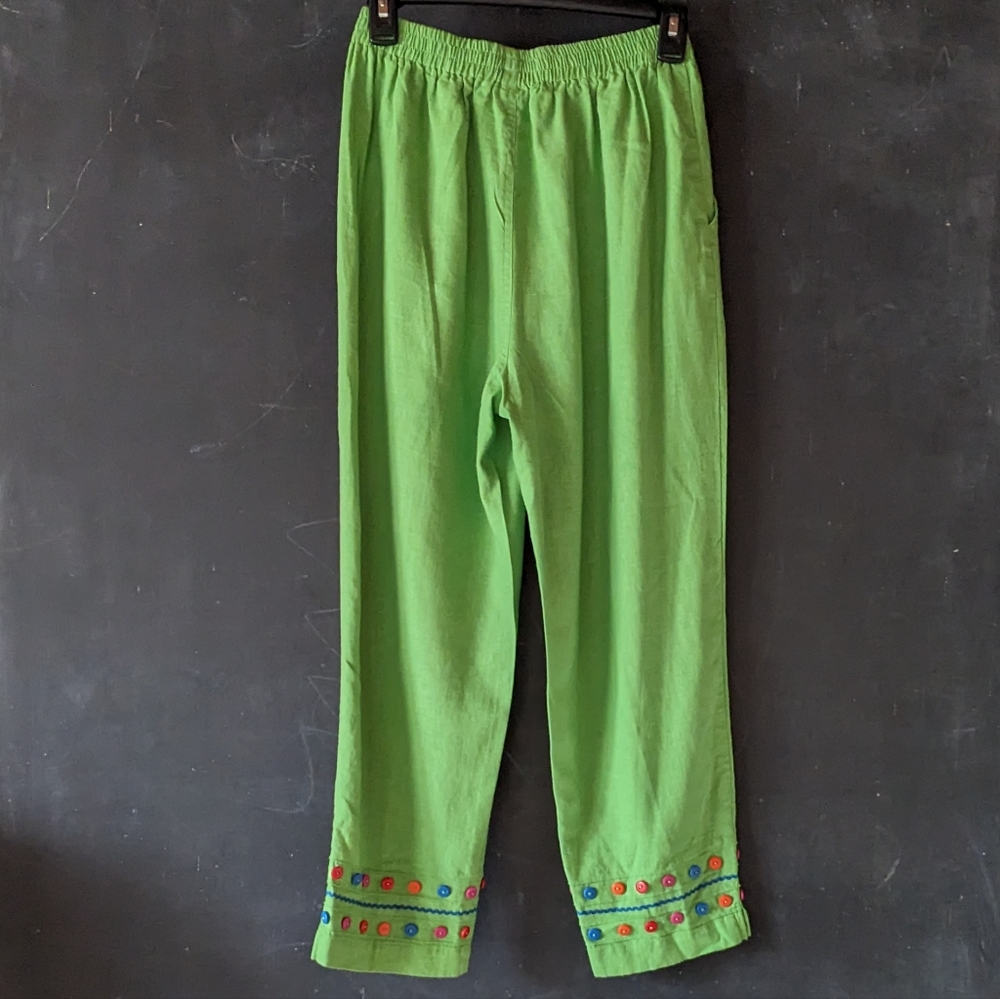 Stonebridge Linen Pants Sz M Lime Green Button Ric Rac Embellished